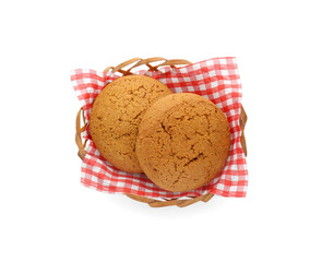 Delicious oatmeal cookies on white background, top view