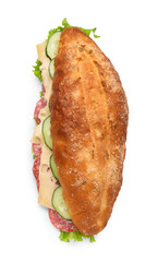 Delicious sandwich with cucumber, cheese, salami and lettuce leaves isolated on white, top view