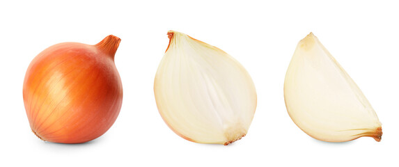 Cutting fresh onion isolated on white, collage design