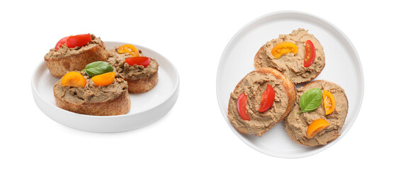 Slices of bread with delicious pate and tomatoes on white background, top and side views. Collage design