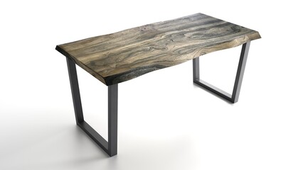 Wooden lacquered table with black metal legs on white background. Modern live edge elm slab coffee table with inner knot in bizarre pattern shape and tree table. 3d rendering.