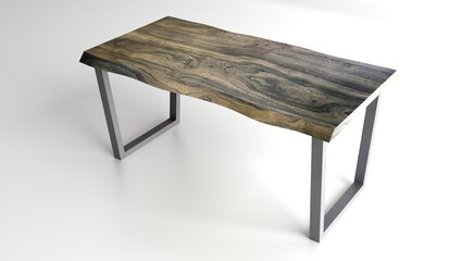 Wooden lacquered table with black metal legs on white background standing at an angle of perspective view. Woodworking and carpentry production. Furniture manufacture. Live edge elm slab coffee table.