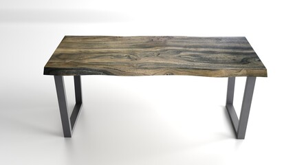 Wooden lacquered table with black metal legs on white background standing at an angle of perspective view. Woodworking and carpentry production. 3d rendering. Live edge elm slab coffee table.