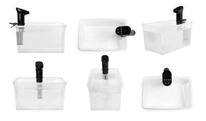 Collage with sous vide cookers in container isolated on white. Thermal immersion circulator