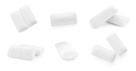 Collage with chewing gum pads on white background
