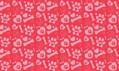 Seamless pattern with dog paw print, bone and hearts symbols on red background