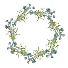 Obraz premium Circle frame with watercolor forget me not on white background. Spring and summer flower for card or sketchbook. Hand-drawn border with copy space for invite. Vintage romantic poster for wedding