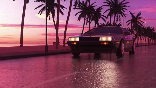 Car and beach in sunset. 80s synthwave background 3d animation. 3D render of seamless loop