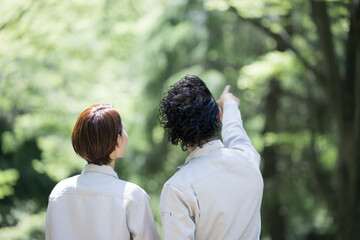 新緑の中、植栽や木材を指を差しチェックする作業員　コピースペースあり　顔無し