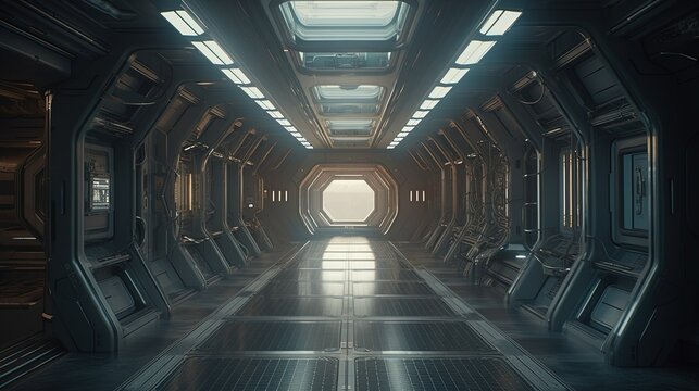 desolate space station corridor, digital art illustration, Generative AI