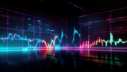 Generative AI, colorful stock market charts and indicator. Neon glowing style. For cryptocurrency, exchange, business financial product background