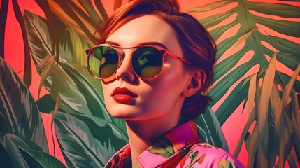 portrait of a woman in sunglasses, bold and colorful, retro, golden beach art, enigmatic tropics, 1960s