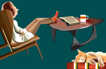 Young beautiful blond woman in white dress sitting on the modern armchair near the table with an open book and a cup of coffee on it and a red cat sleeping.