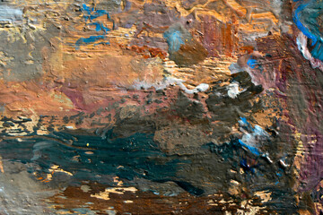 Macro. Abstract art. Expressive embossed pasty oil paints and reliefs. Colors: white,ocher, grey,...
