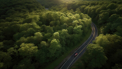 Aerial view green forest with car on the asphalt road created with Generative AI technology
