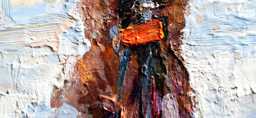 Macro. Abstract art. Expressive embossed pasty oil paints and reliefs. Colors: white,ocher, grey, brown, black, red