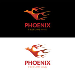 Flying phoenix with fire flame wing logo design