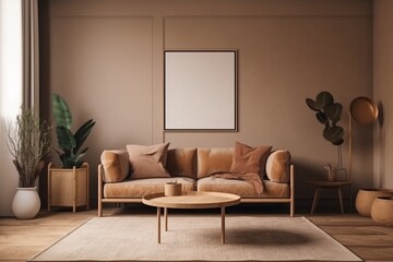 Fototapeta na wymiar Brown Living Room Interior - Cozy & Elegant Home Decor Created with Generative AI