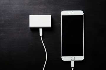 smartphone turned off connected to a portable charger isolated on a black background