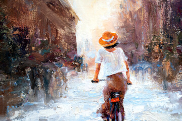 A girl in a white dress rides a bicycle. Woman on a brown background. Oil painting on canvas.