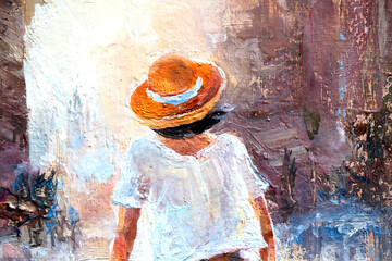 A girl in a white dress rides a bicycle. Woman on a brown background. Oil painting on canvas.