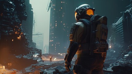 Fototapeta premium futuristic soldier on ruined city, digital art illustration, Generative AI