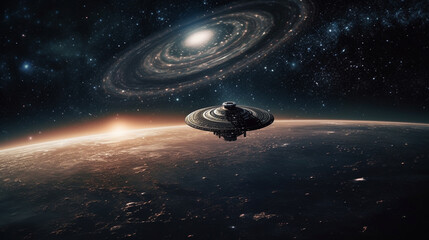 Obraz na płótnie Canvas spaceship above the planet. Generative AI