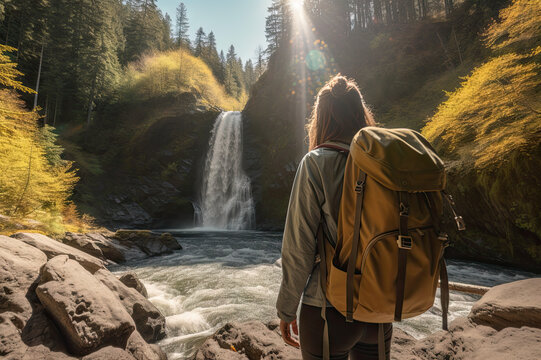 Rear view of female hiker with backpack looking out over a scenic view created with Generative AI technology
