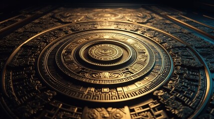 Fototapeta na wymiar golden futuristic aztec pattern, digital art illustration, Generative AI