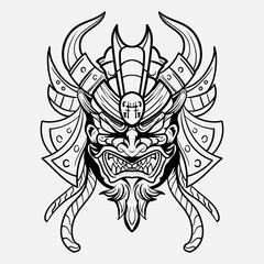 Oni Monster Mask Japanase helmet army samurai  in frame engraving ornament illustration black and white tattoo and tshirt apparel