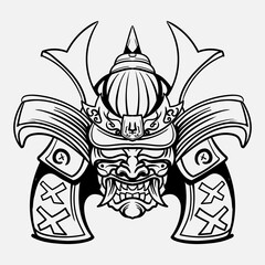 Oni Monster Mask Japanase helmet army samurai  in frame engraving ornament illustration black and white tattoo and tshirt apparel