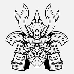 Oni Monster Mask Japanase helmet army samurai  in frame engraving ornament illustration black and white tattoo and tshirt apparel