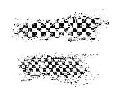 Grunge race flag, car rally and racing sport or motocross and karting vector background. Grunge checkered flag with tire print for drag races or bike motors sport championship start and finish banner