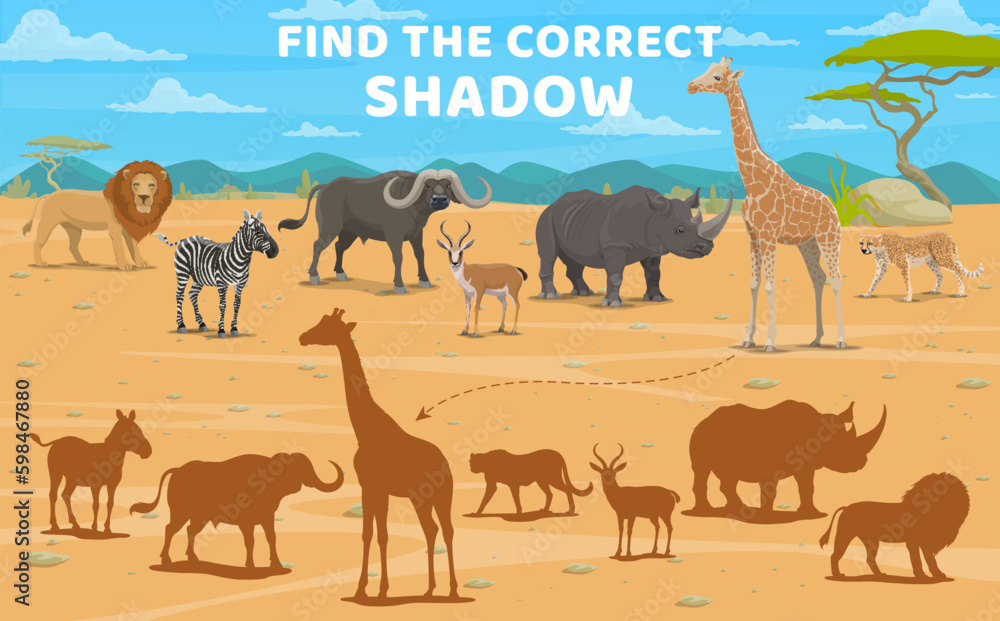 Sticker Find correct shadow of cartoon african savannah animals. Educational kids vector game worksheet, matching safari riddle with giraffe, zebra, rhino, buffalo or lion, antelope or cheetah fauna creatures