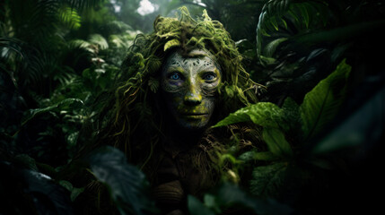 Fototapeta na wymiar Scary jungle demon hided in green nature. Generative AI