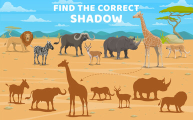 Find correct shadow of cartoon african savannah animals. Educational kids vector game worksheet, matching safari riddle with giraffe, zebra, rhino, buffalo or lion, antelope or cheetah fauna creatures