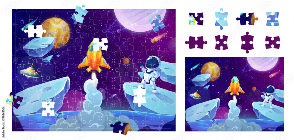 Poster jigsaw puzzle space game pieces. astronaut and spaceship in galaxy. cartoon educational vector works