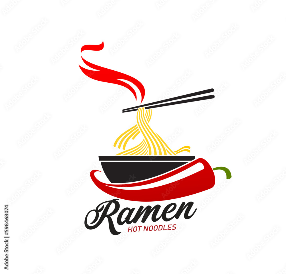 Wall mural ramen hot noodles icon. asian ramen, japanese fast food meal or oriental cuisine restaurant menu vec