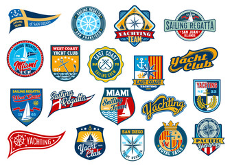 Sail badge patches, yachting sport or regatta vintage retro embroidery, yacht club vector labels. Marine nautical sailor team patches for regatta cruise, ship anchor, compass and royal crown emblems