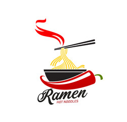 Ramen hot noodles icon. Asian ramen, Japanese fast food meal or oriental cuisine restaurant menu vector symbol. Chinese or Korean cafe sign or icon with hot noodles, chopsticks and chili pepper