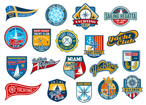 Sail badge patches, yachting sport or regatta vintage retro embroidery, yacht club vector labels. Marine nautical sailor team patches for regatta cruise, ship anchor, compass and royal crown emblems