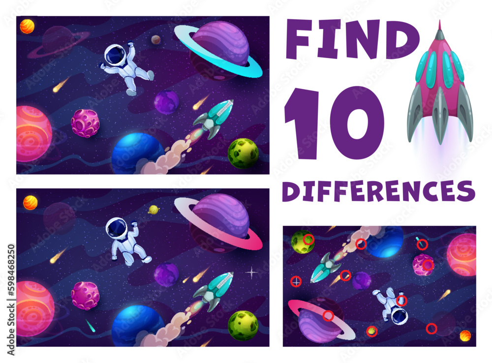 Poster find ten differences, cartoon astronaut in outer space, galaxy planets and stars kids game vector wo
