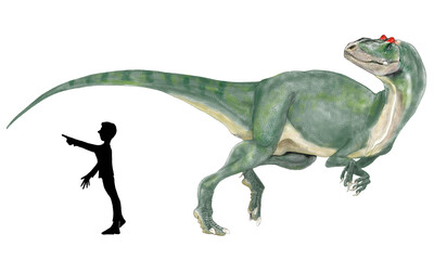 中生代ジュラ紀後期の北アメリカに生息していた大型肉食獣脚類である。同時代の食物連鎖の頂点にいた恐竜の一つ。アロサウルスは大きな頭、短く太い首、長く重厚な尾、後肢に比べて短い上肢といった特徴を持つ典型的な大型獣脚類である。アロサウル上科には多くの大型恐竜が属している。2023年の2体目のオリジナル作品。タッチを替えて描いた。