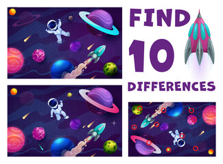 Obraz na płótnie Canvas Find ten differences, cartoon astronaut in outer space, galaxy planets and stars kids game vector worksheet. Matching puzzle quiz of fantasy space with futuristic rocket and spaceman in starry sky