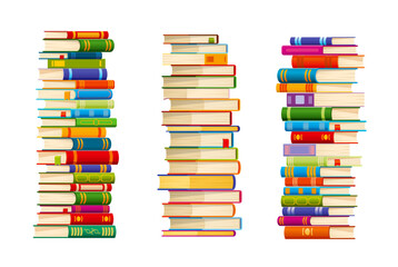 High book stacks or pile, library textbooks and school literature heaps, isolated vector. Book stacks and library textbook pile towers, education study dictionary and bookstore or college books heaps