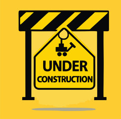 Warning sign under construction. Logo concept. Conceptual image of tools for repair, construction and builder. Cartoon flat vector illustration. Objects isolated on a background. 