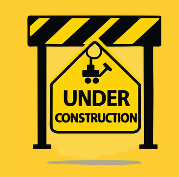 Warning sign under construction. Logo concept. Conceptual image of tools for repair, construction and builder. Cartoon flat vector illustration. Objects isolated on a background. 