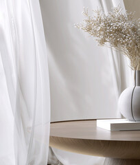 Wooden round beautiful grain podium table, flower bouquet in round vase in sunlight from white curtain window on cream concrete wall for luxury organic cosmetic, skincare, beauty product background 3D