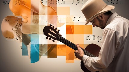 Person practicing classical guitar with indicators, sheet music, plans, and data on the wall. in his music business, generative ai