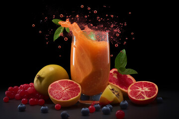 healthy fruit smoothy, juice, fresh fruits with water droplets, ginger, oats